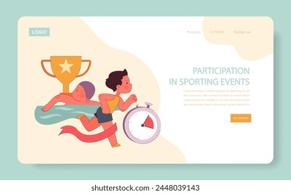 Children learn web or landing. Elementary school classes. Energetic students participate in sports competition. Physical education. Sport activity and active lifestyle. Flat vector illustration