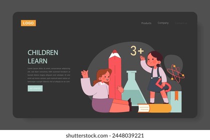 Children learn web or landing. Elementary school classes. Children engaging in multidisciplinary education. Academic knowledge gaining. Flat vector illustration