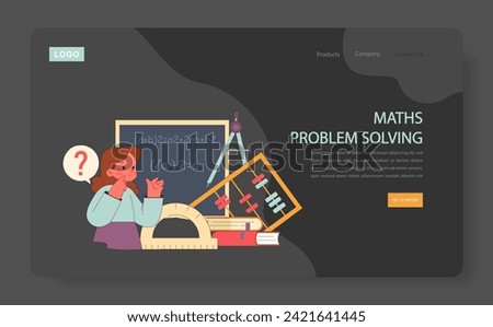 Children learn web or landing. Elementary school classes. A puzzled student grapples with mathematical problem. Academic knowledge gaining. Flat vector illustration