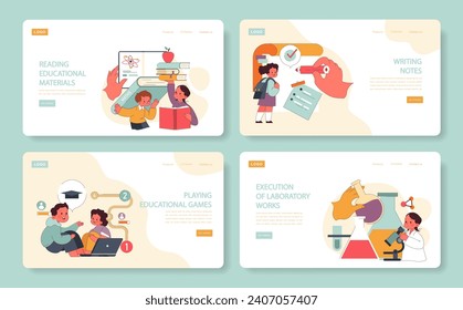 Children learn web or landing set. Elementary school classes. Kids engaging in studies, discussions, and creative play. Multidisciplinary academic knowledge gaining. Flat vector illustration