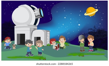 Children are learning about astronomy and stars at the observatory at night