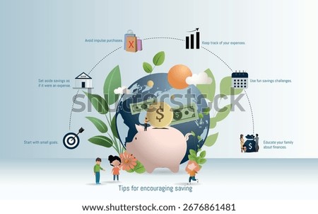 Children learning about saving money with parents, depositing coins into a piggy bank, avoiding impulse purchases, and enjoying fun savings challenges around the globe