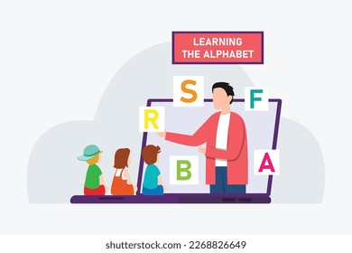 children learning alphabet online 2d vector illustration concept for banner, website, illustration, landing page, flyer, etc.