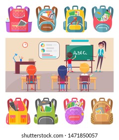 Children learning alphabet at school lesson with teacher. Boy standing near blackboard with chalk and writing letters vector. Teacher asking question to class. Back to school concept. Flat cartoon