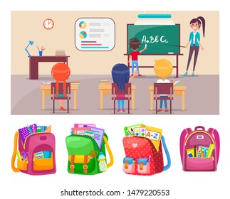 Children learning alphabet at school lesson with teacher. Boy standing near blackboard with chalk and writing letters vector. Teacher asking question to class. Back to school concept. Flat cartoon