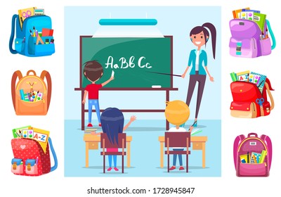 Children learning alphabet at school lesson with teacher. Boy standing near blackboard with chalk and writing letters vector. Teacher asking question to class. Back to school concept. Flat cartoon
