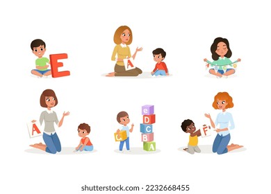 Children learning alphabet set. Preschool kids and teacher sitting on the floor, children doing speech therapy with therapist cartoon vector illustration