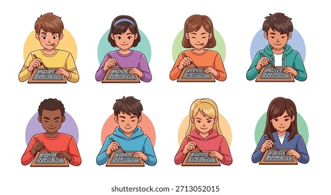 Crianças aprendendo braile com dispositivos táteis