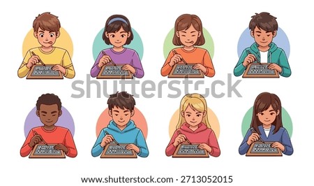 Children learning braille with tactile devices