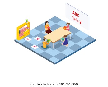 Children learning in a classroom isometric 3d vector concept for banner, website, illustration, landing page, flyer, etc.