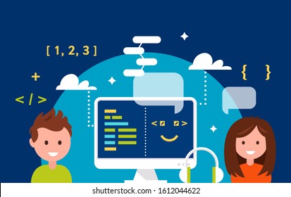 Children Learning Coding Vector Illustration