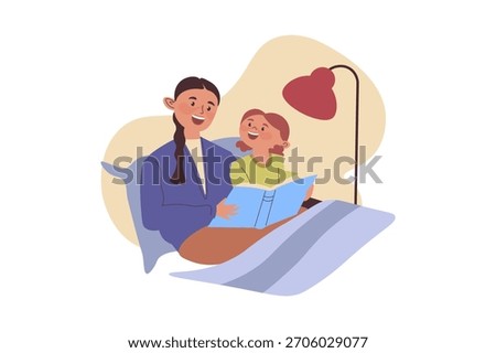 Children learning concept with cartoon people for web design. Mother reading book with daughter while sitting in bed, girl listening story and enjoying literature with parent. Vector illustration.