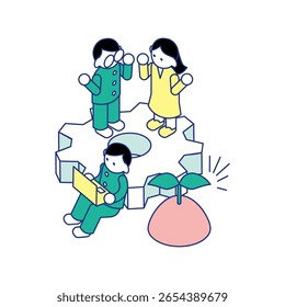 Niños aprendiendo ingeniería | Ilustración isométrica de engranajes y portátil.