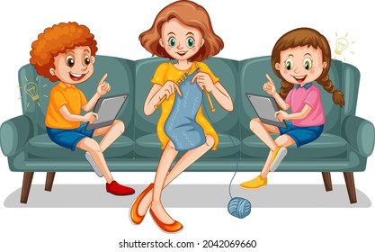 Children learning from home on electronic device illustration