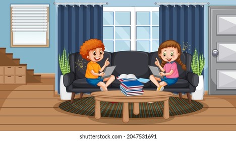 Children learning from home on electronic device illustration