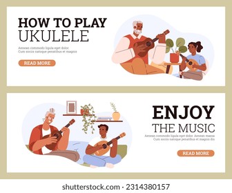 Children learning how to play ukulele, advertising web banners set, flat vector illustration. Music school education brochure. People playing guitar together. String instruments concept.