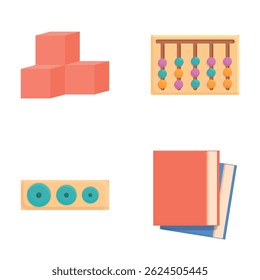 Children learning icons set cartoon vector. Early learning educational equipment. Elementary school