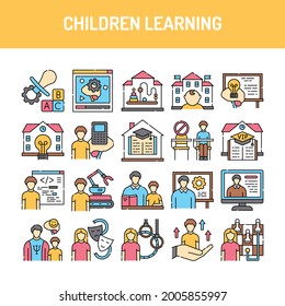 Children learning line icons set. Isolated vector element. Outline pictograms for web page, mobile app, promo. Editable stroke.
