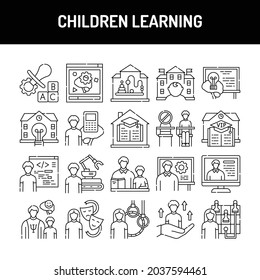 Children learning line icons set. Isolated vector element. Outline pictograms for web page, mobile app, promo. Editable stroke.