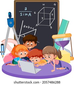 Children learning math with math symbol and icon illustration