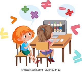 Children learning math with math symbol and icon illustration