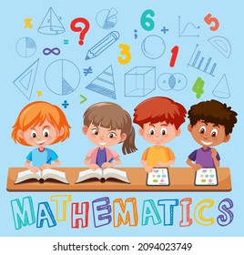 Children learning math with math symbol and icon illustration