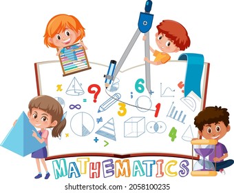 Children learning math with tools on book isolated illustration