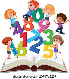 Children learning math with tools on book isolated illustration