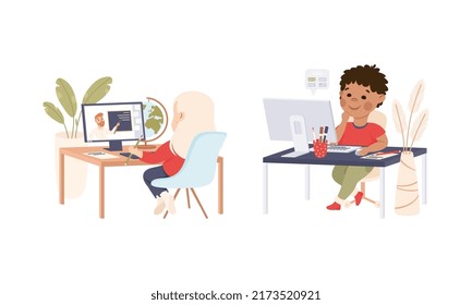 Children learning online set. Boy and girl sitting behind desk studying online using computer. Homeschooling, e-learning cartoon vector illustration