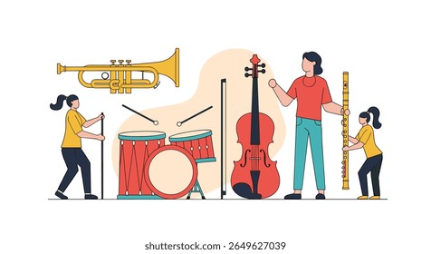 Crianças aprendendo a tocar vários instrumentos musicais juntos em um conjunto de orquestra