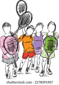 children learning playing tennis girls with rackets together vector illustration