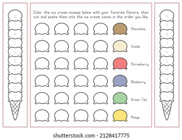Children Learning Printable - Coloring, Cut, and Paste Ice Cream
