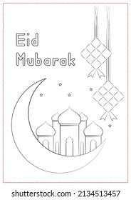 Children Learning Printable - Coloring Islamic Mosque and Ketupat for Ramadan Festival