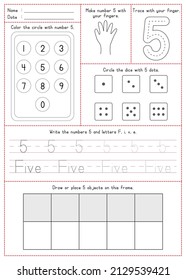 Children Learning Printable - Coloring, Tracing, Writing, and Counting Number 5