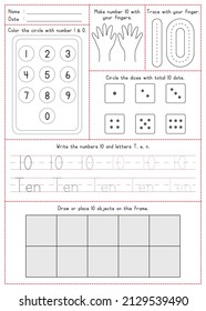 Children Learning Printable - Coloring, Tracing, Writing, and Counting Number 10