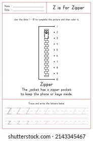 Kinder lernen Printable - Dot an Dot anschließen, Färben, Lesen und Tracing Alphabet Z