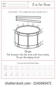 Children Learning Printable - Connecting Dot to Dot, Coloring, Reading and Tracing Alphabet D