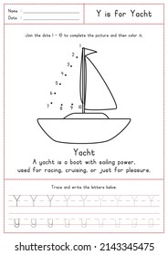Children Learning Printable - Connecting Dot to Dot, Coloring, Reading and Tracing Alphabet Y