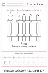 Children Learning Printable - Connecting Dot to Dot, Coloring, Reading and Tracing Alphabet F