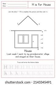 Children Learning Printable - Connecting Dot to Dot, Coloring, Reading and Tracing Alphabet H