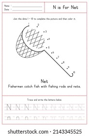 Children Learning Printable - Connecting Dot to Dot, Coloring, Reading and Tracing Alphabet N