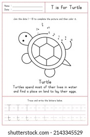 Children Learning Printable - Connecting Dot to Dot, Coloring, Reading and Tracing Alphabet T