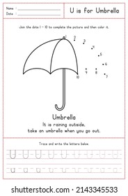 Children Learning Printable - Connecting Dot to Dot, Coloring, Reading and Tracing Alphabet U