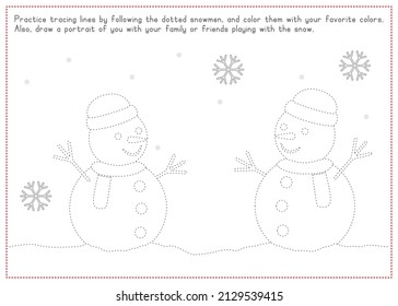 Children Learning Printable - Tracing and Coloring Snowmen