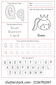 Children Learning Printable - Tracing, Coloring, and Writing Alphabet Q