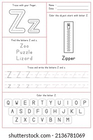 Children Learning Printable - Tracing, Coloring, and Writing Alphabet Z
