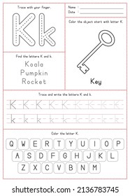 Children Learning Printable    Tracing  Coloring    Writing Alphabet K