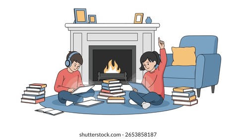 Children learning and reading together by a cozy fireplace enjoying a quiet evening of study and education