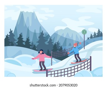 Children learning to ride a snowboard. Little snowboarders riding a safe equipped path. Ski resort kid track. Winter sport family activities. Flat vector illustration