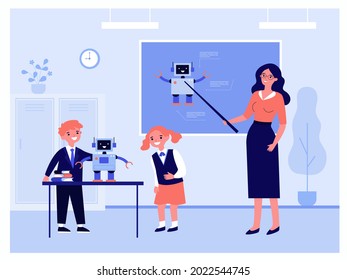 Children learning robotics in classroom. Flat vector illustration. Teacher pointing to blackboard, kids studying robot standing on school desk. Robotics, school, modern technology, science concept